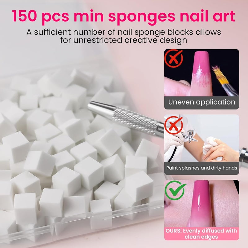 ESUOHYM 150 PCS Soft Nail Sponges For Ombre and Aura with Grabbing pen Nail Art Brushes for Blending Ombre Gel Nail Tech Design Manicure Tools Accessories supplies for Salon and Home White - Image 3